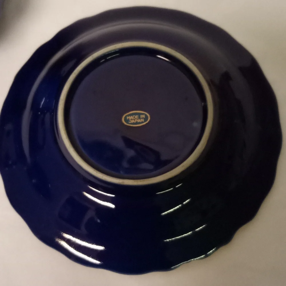 Cobalt Blue Rib Pitcher, Peacock Bird, Floral Pattern & Saucer 4.5